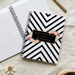 Abstract Black White Stripes and Floral Gold Frame Spiral Notebook
