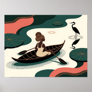 Abstract Black Woman Paddling Canoe Poster