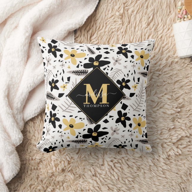 Abstract Black Yellow Grey Floral Monogramed Cushion (Blanket)