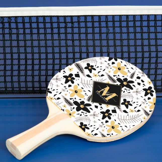 Abstract Black Yellow Grey Floral Monogramed Ping Pong Paddle (Insitu)