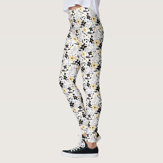 Abstract Black Yellow Grey Floral Pattern Leggings (Left)