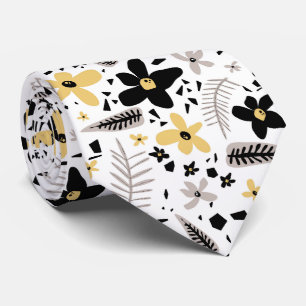 Abstract Black Yellow Grey Floral Pattern Tie
