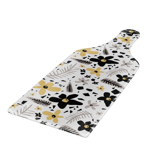 Abstract Black Yellow Grey Seamless Floral Pattern Cutting Board (Corner)