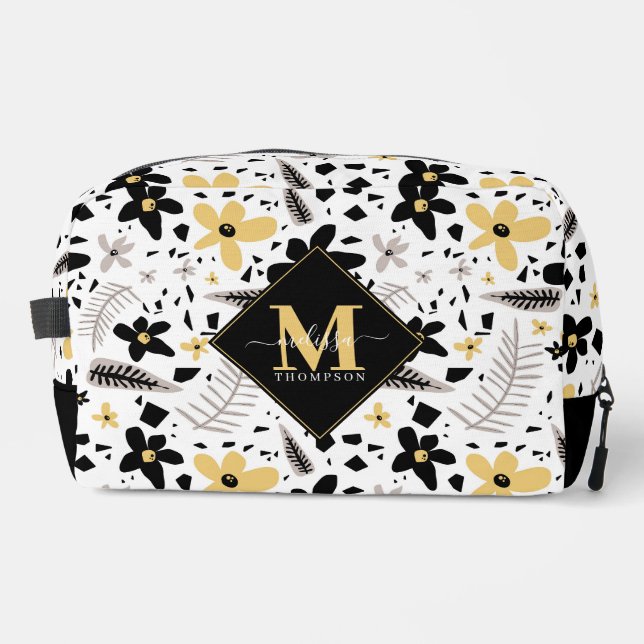 Abstract Black Yellow Grey Seamless Floral Pattern Dopp Kit (Front)