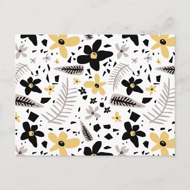 Abstract Black Yellow Grey Seamless Floral Pattern Holiday Postcard (Front)