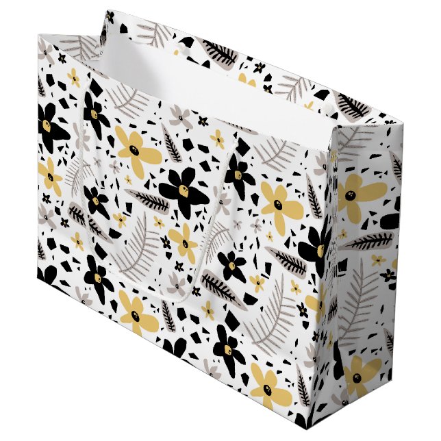 Abstract Black Yellow Grey Seamless Floral Pattern Large Gift Bag (Front Angled)