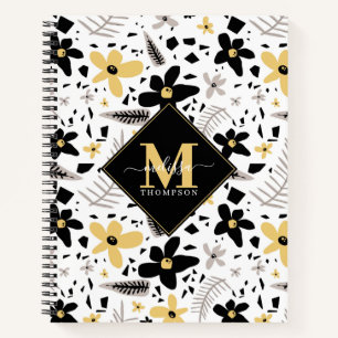 Abstract Black Yellow Grey Seamless Floral Pattern Notebook