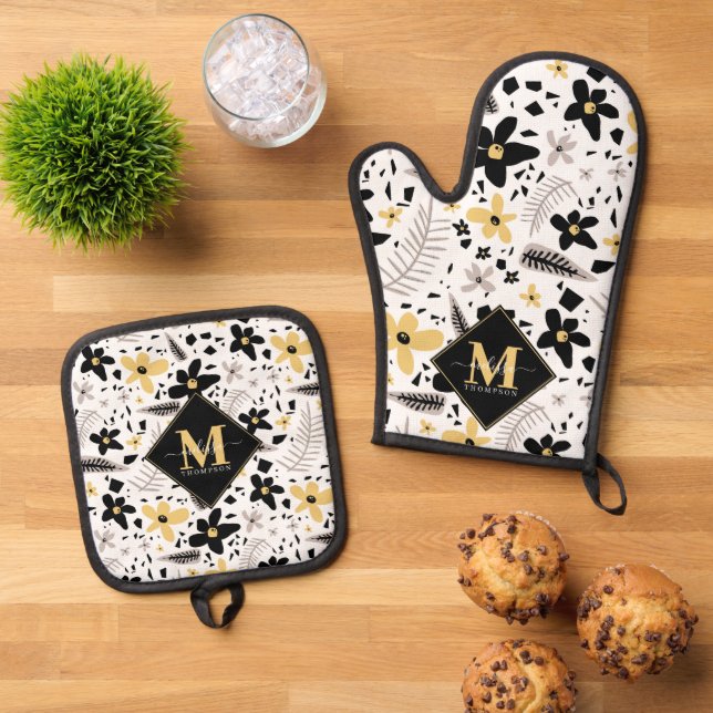 Abstract Black Yellow Grey Seamless Floral Pattern Oven Mitt & Pot Holder Set (Top Down)