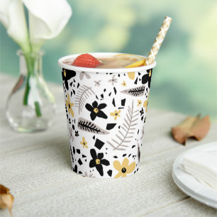 Abstract Black Yellow Grey Seamless Floral Pattern Paper Cups
