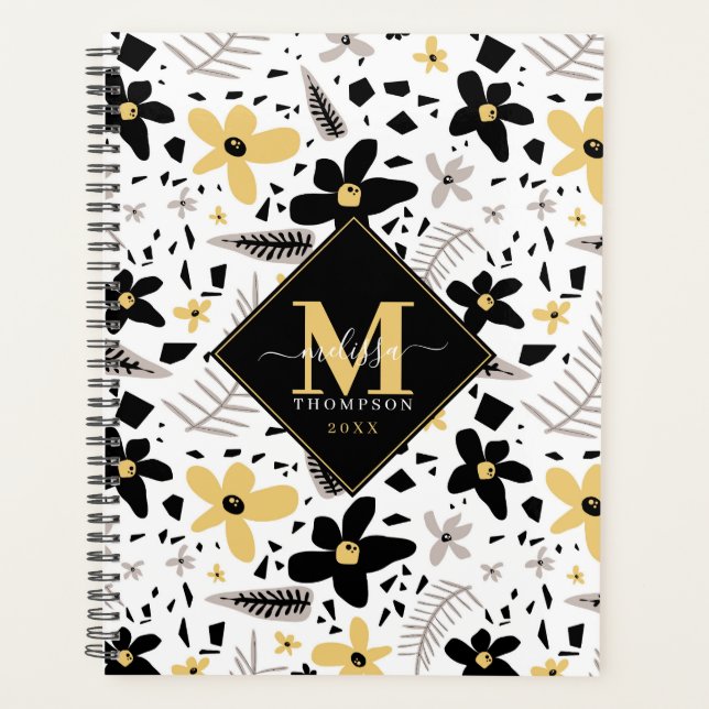 Abstract Black Yellow Grey Seamless Floral Pattern Planner (Front)