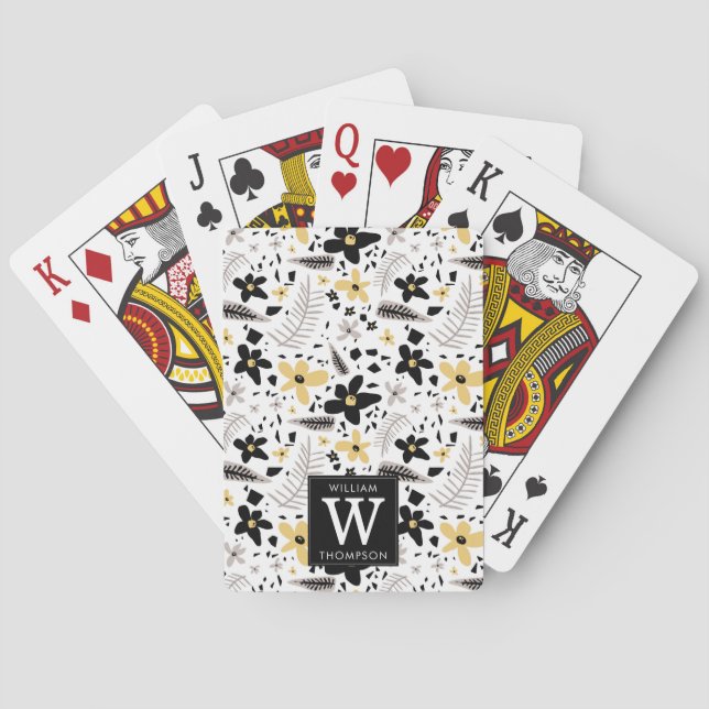Abstract Black Yellow Grey Seamless Floral Pattern Playing Cards (Back)