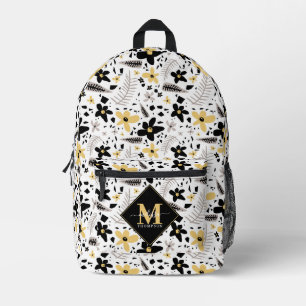 Abstract Black Yellow Grey Seamless Floral Pattern Printed Backpack
