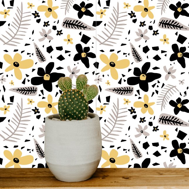 Abstract Black Yellow Grey Seamless Floral Pattern Tile (Abstract Black Yellow Gray Seamless Floral Pattern Ceramic Tile)
