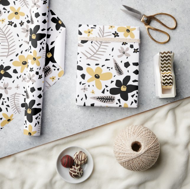 Abstract Black Yellow Grey Seamless Floral Pattern Wrapping Paper (Crafts)