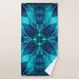Abstract Bloom Aqua and Blue Fractal Design Bath Towel