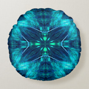 Abstract Bloom Aqua and Blue Fractal Design Round Cushion