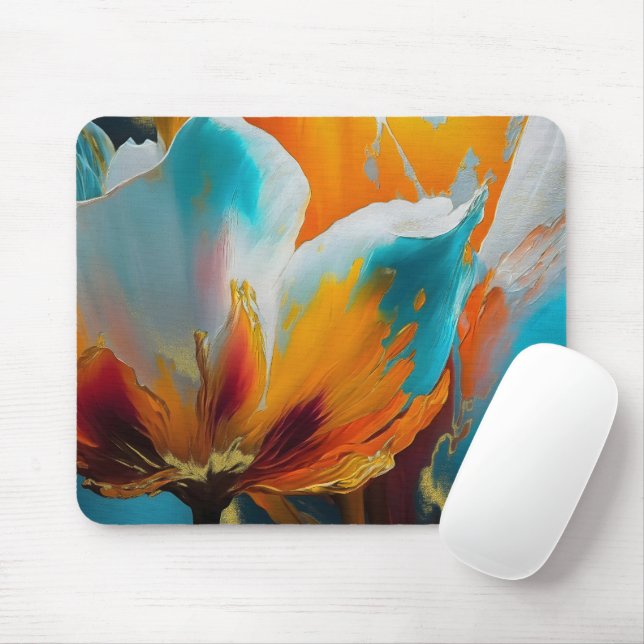 Abstract Bloom in Orange and Teal Mouse Pad (With Mouse)