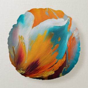 Abstract Bloom in Orange and Teal Round Cushion