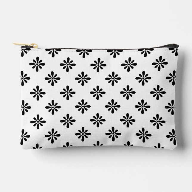 Abstract Blossom Flower Pattern Black and White Accessory Pouch (Front)