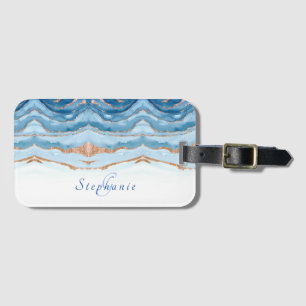 Abstract Blue Agate Monogram Glitter Elegant Chic Luggage Tag