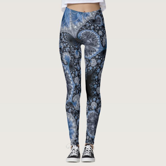 Abstract Blue and Black Intricate Fractal Leggings (Front)