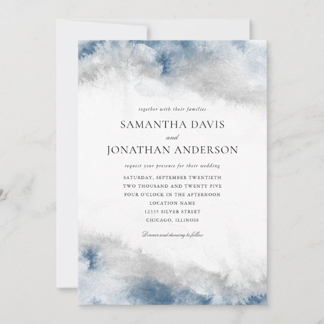 Abstract Blue and Grey Watercolor Wedding Invitation (Front)