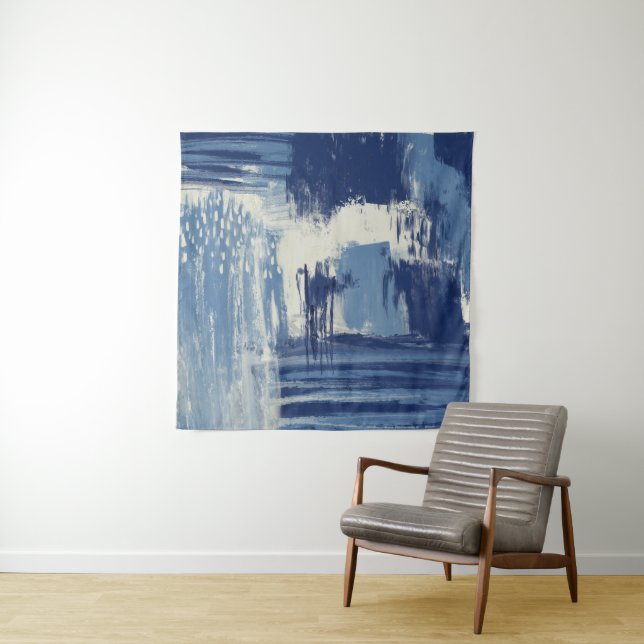 Abstract Blue and Ivory Mixed Media Tapestry (In Situ)