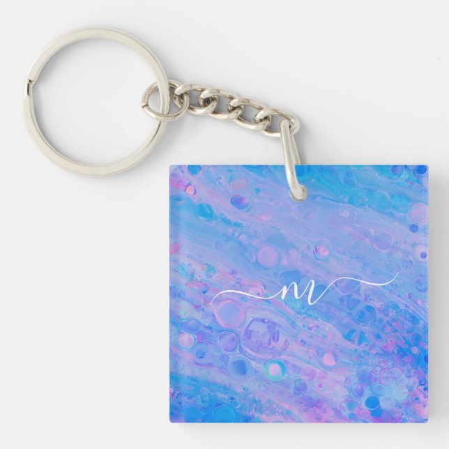 Abstract Blue and Pink Bubbly Mermaid Ocean Key Ring (Front)