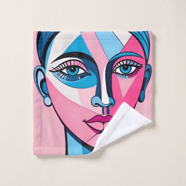 Abstract Blue and Pink Face Art Bath Towel Set (Wash Cloth)