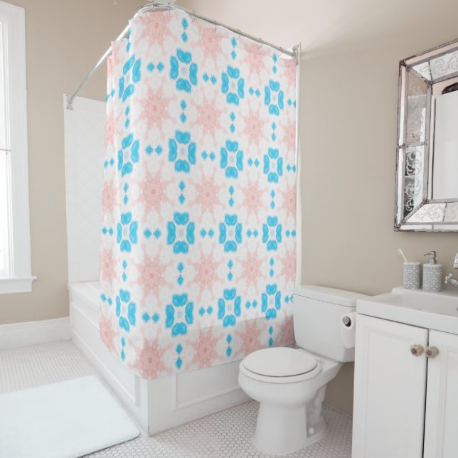 Abstract Blue and Pink Shower Curtain (In Situ)
