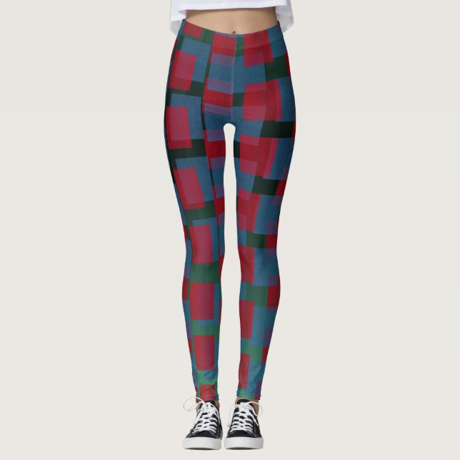 Abstract Blue and Red Pattern with Squares Leggings (Front)