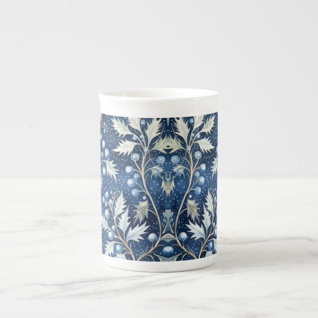 Abstract Blue and Silver Christmas Floral Bone China Mug (Front)