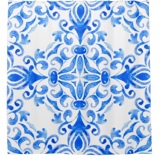Abstract blue and white hand drawn tile seamless o shower curtain (Front)