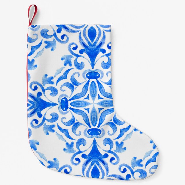 Abstract blue and white hand drawn tile seamless o small christmas stocking (Front)