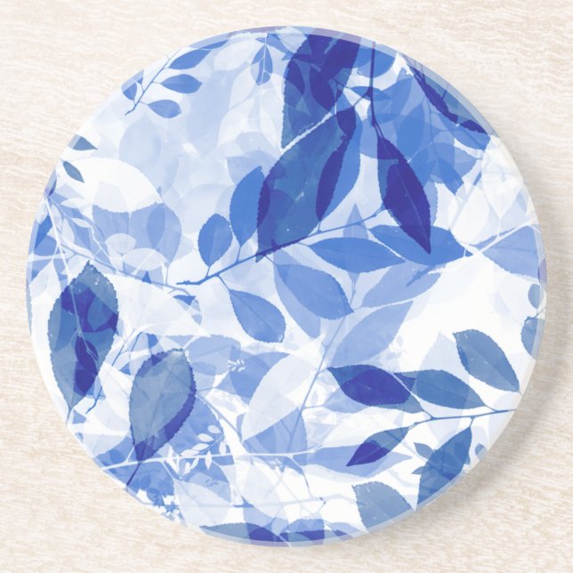 Abstract Blue and White Leaves Coaster (Front)
