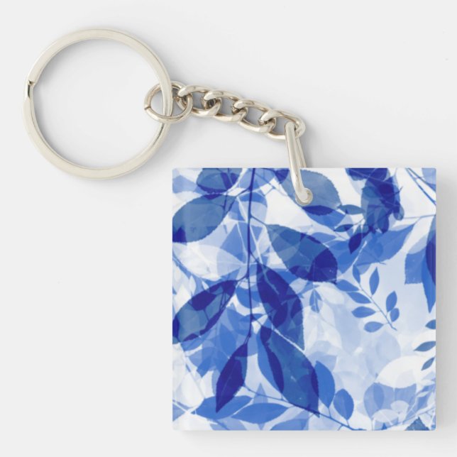 Abstract Blue and White Leaves Key Ring (Front)
