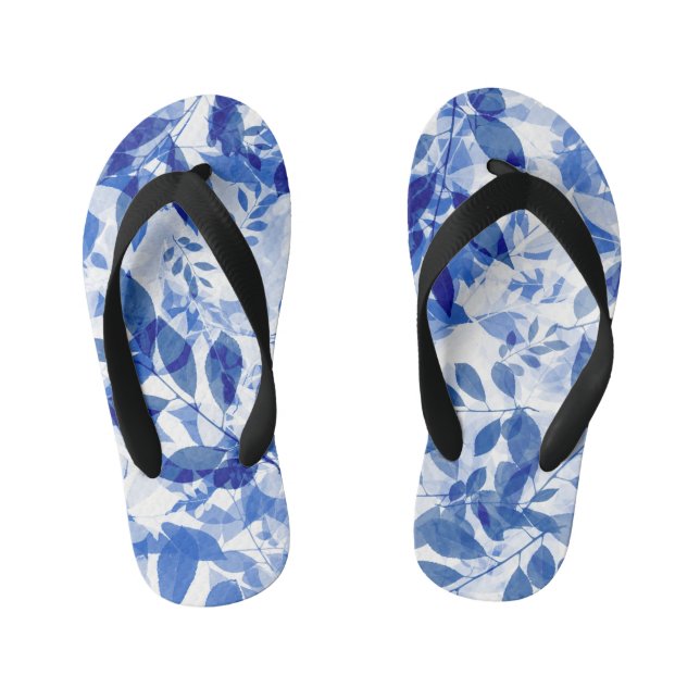 Abstract Blue and White Leaves Kid's Jandals (Footbed)