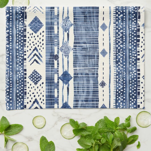 Abstract Blue And White Pattern Tea Towel (Folded)