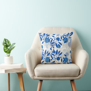 Abstract blue and white Tropical Floral Cushion