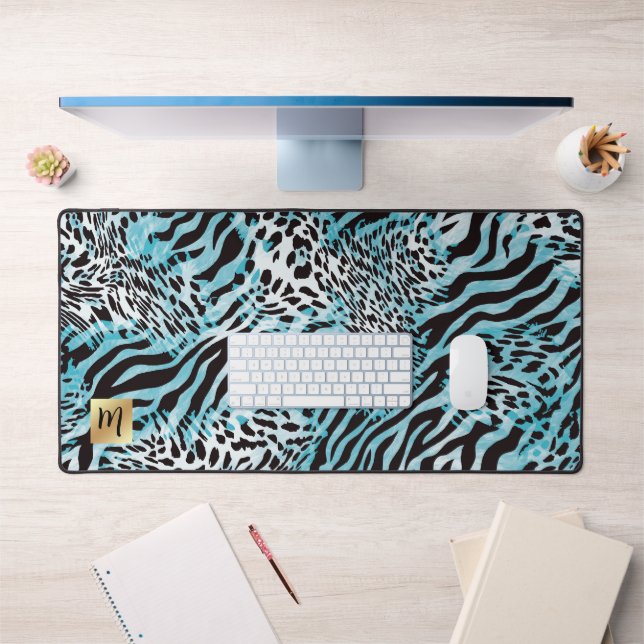 Abstract Blue Animal Print with Gold Monogram Desk Mat (Office 1)