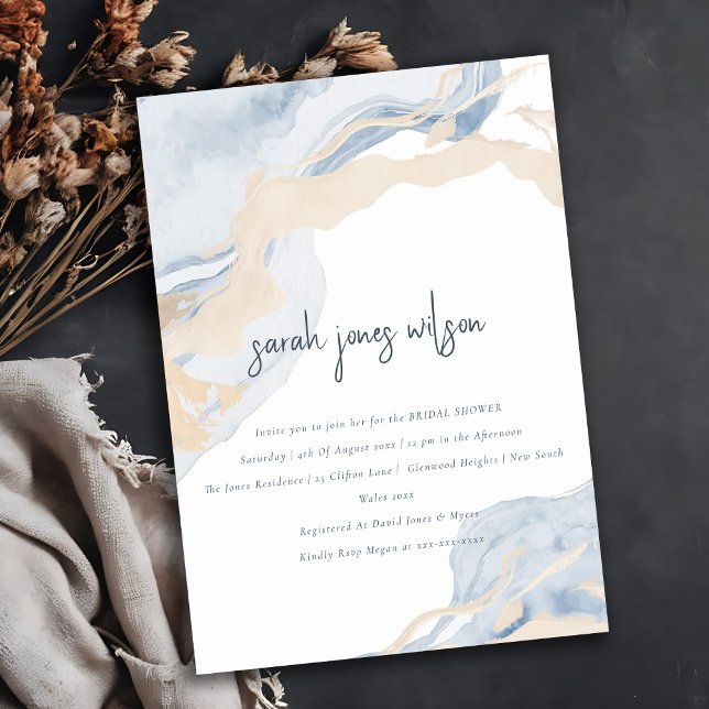 Abstract Blue Beige Sea Sand Beach Bridal Shower Invitation (Creator Uploaded)