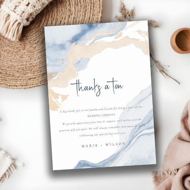 Abstract Blue Beige Sea Waves Sand Beach Wedding Thank You Card (Creator Uploaded)