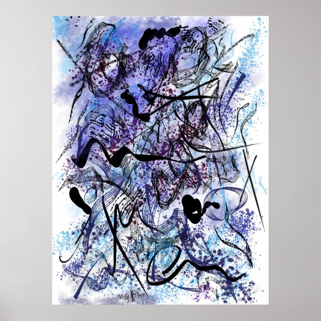 Abstract Blue Black Brushstrokes Splashes Wall Art (Front)