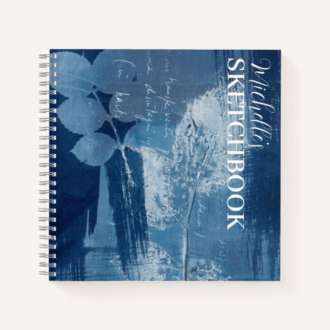 Abstract  Blue Botanical Sketchbook Monogram Notebook (Front)