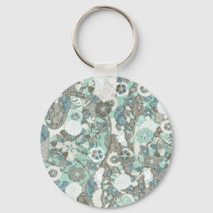 Abstract Blue Brown Flowers Key Ring
