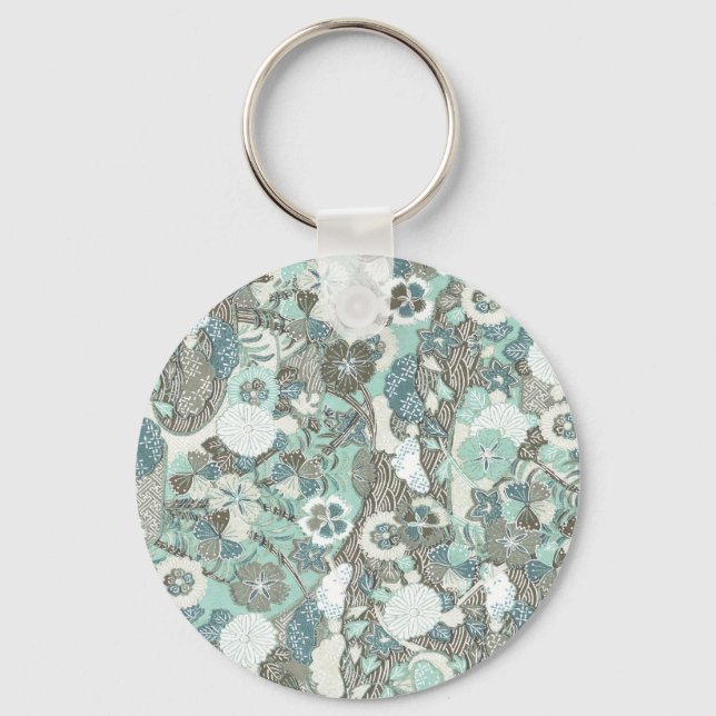 Abstract Blue Brown Flowers Key Ring (Front)