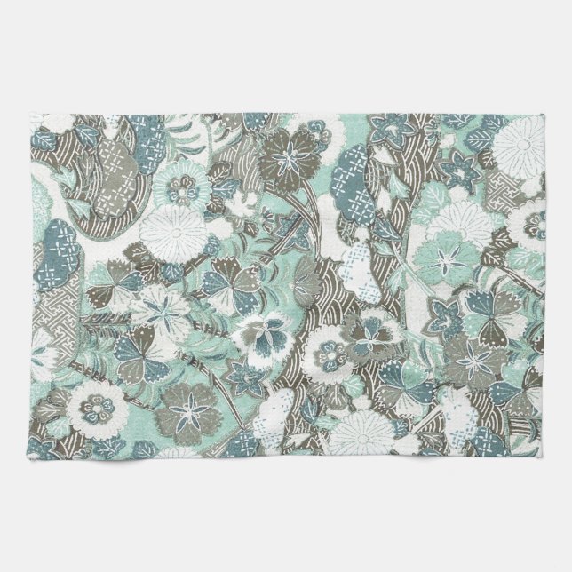 Abstract Blue Brown Flowers Tea Towel (Horizontal)