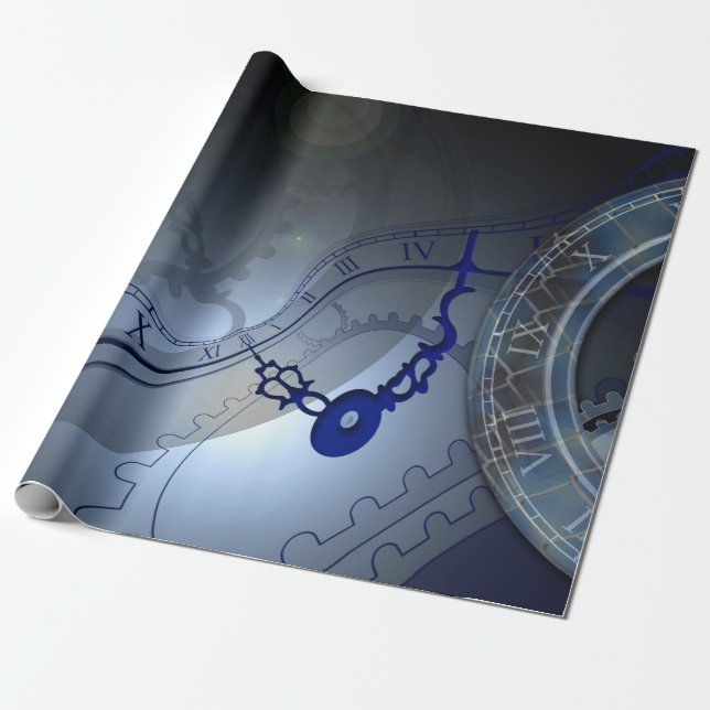 Abstract Blue Clock Design Wrapping Paper (Unrolled)