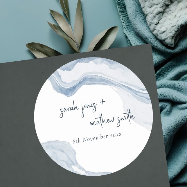 Abstract Blue Coastal Beach Watercolor Wedding Classic Round Sticker (Creator Uploaded)