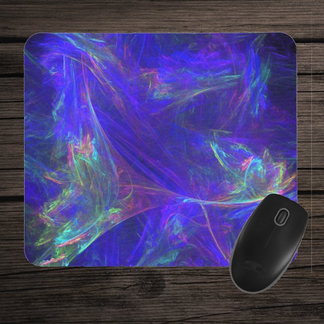 Abstract Blue Colourful Mists Mouse Pad (Abstract cosmic design swirls of misty vibrant greens, pinks, blues on deep blue mousepad.)